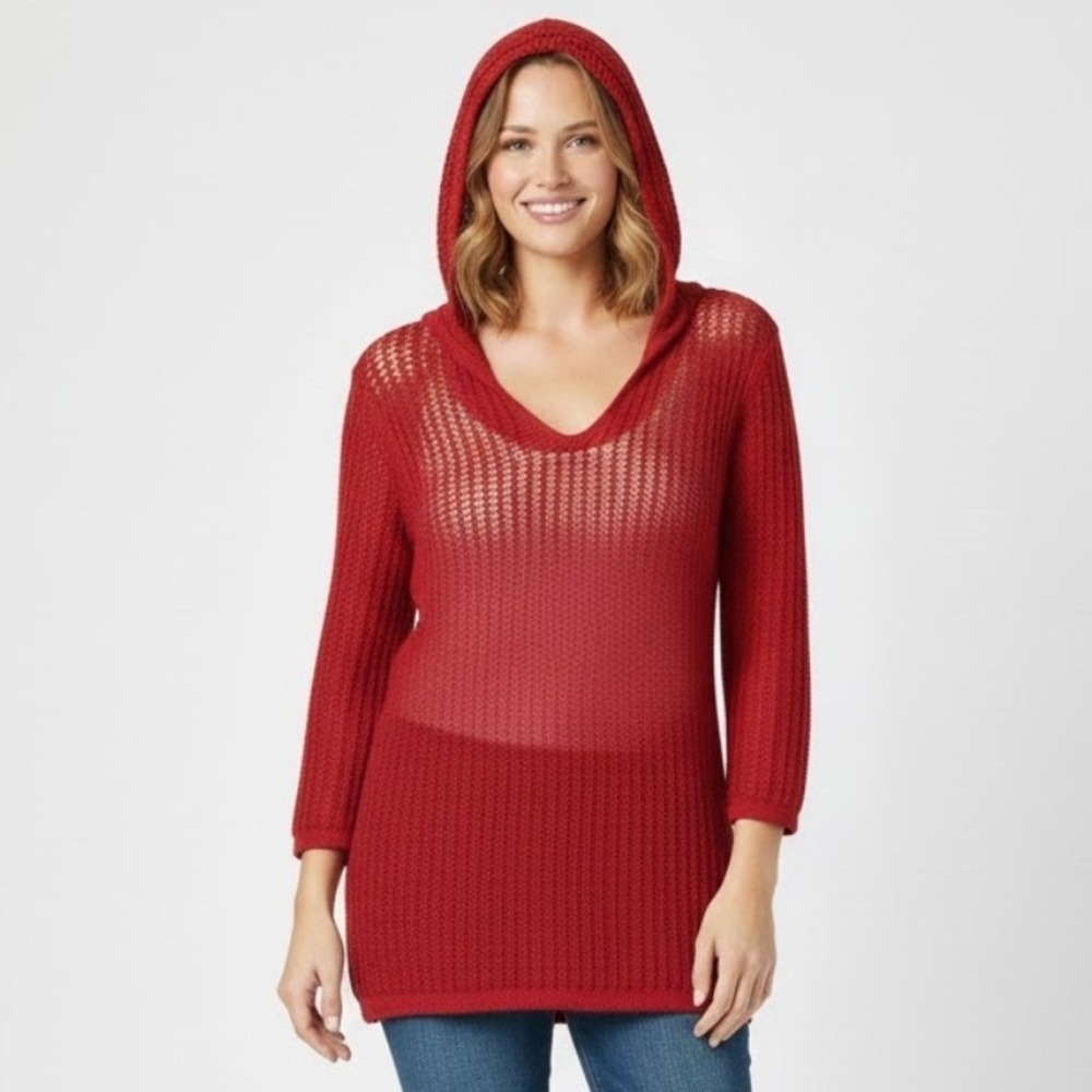 Sunday Red Crochet Knit Hooded Tunic Sweater Women's Plus Size 1X Beach Cover Up